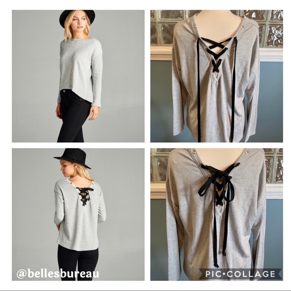 Large Gray French Terry Top w/ Lace Up Back